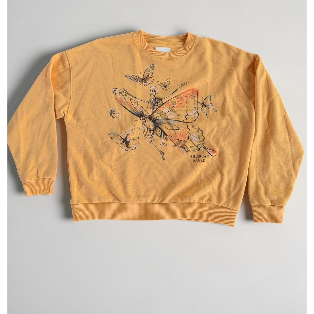 American Eagle Women Mustard Yellow Skeleton Butterfly Crewneck Sweatshirt